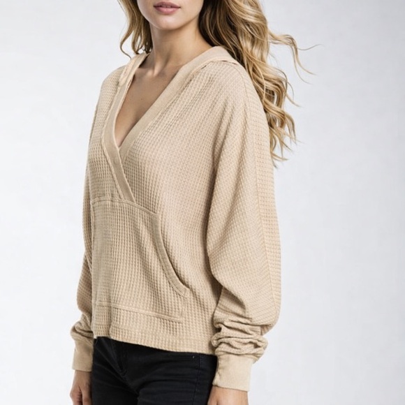 Three Dots Sweaters - Three Dots Waffle Knit Thermal Hoodie Oat Beige Pullover Medium